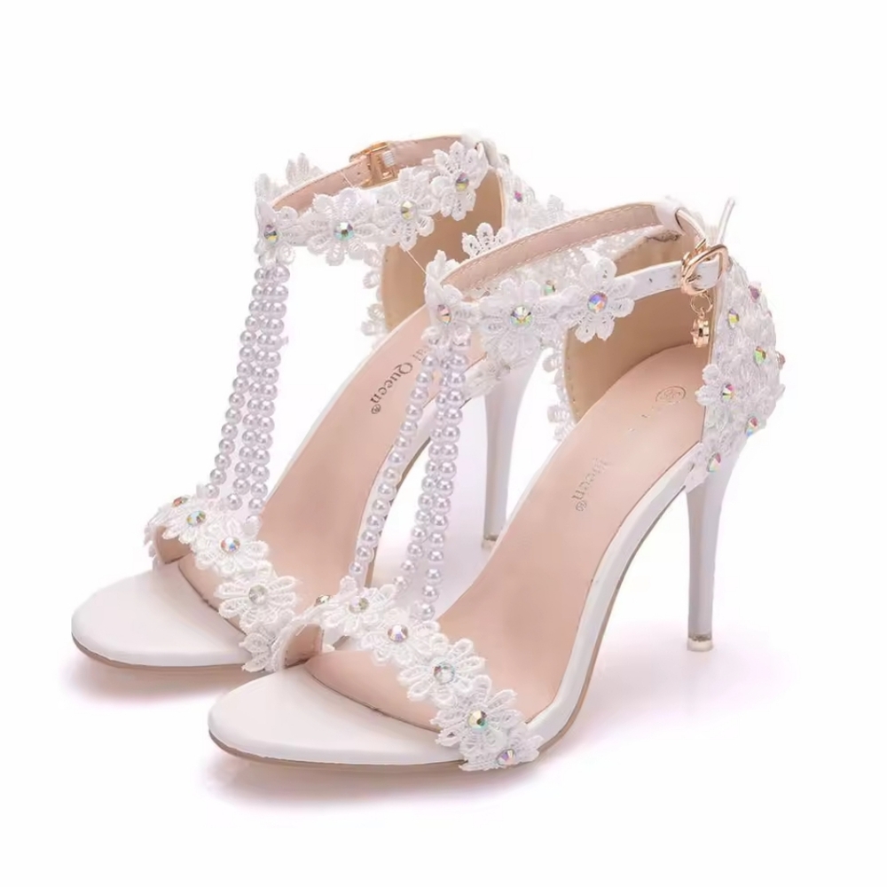 Crystal Queen White Lace Pearl Wedding Heels Bridal Sandals 41 Floral Stiletto